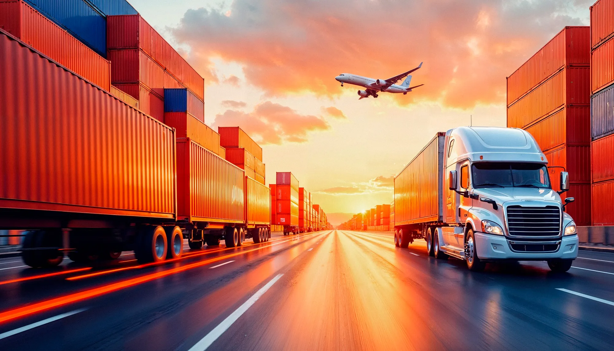 Trucks and containers moving through a logistics hub