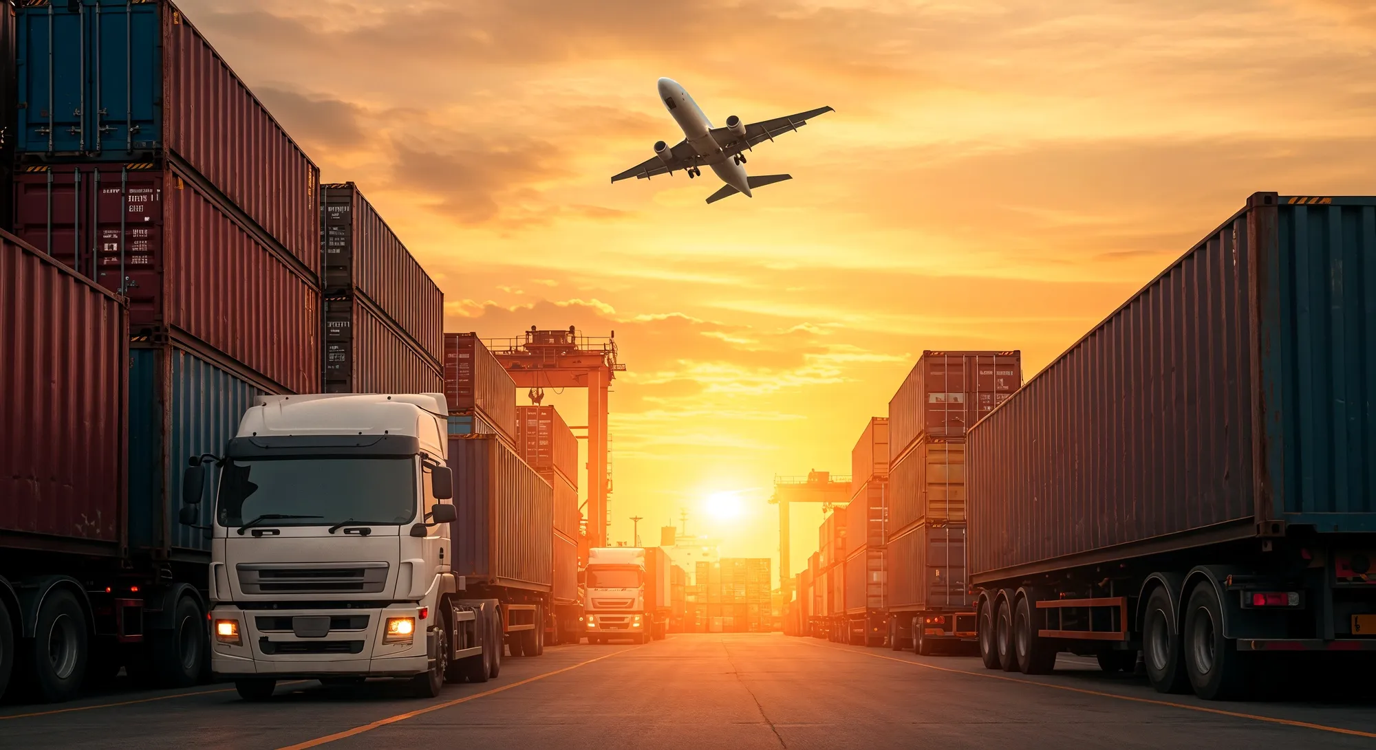 Container trucks at a port beneath an aircraft